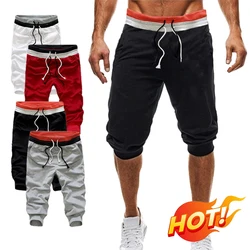 Calça masculina de cordão extragrande cortada, splice jogger, calça fitness casual, respirável, tamanho grande, contraste de cor