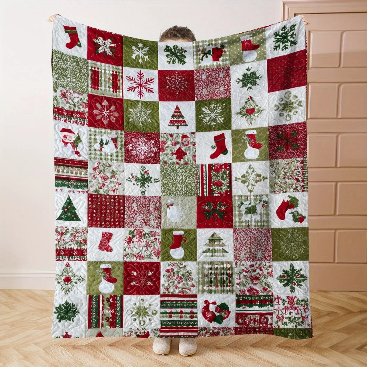Plaid Border Deer Holly Xmas Throw Blanket for Bedroom Daily Rest Birthday Anniversary Rustic Winter Blessing Party Gift