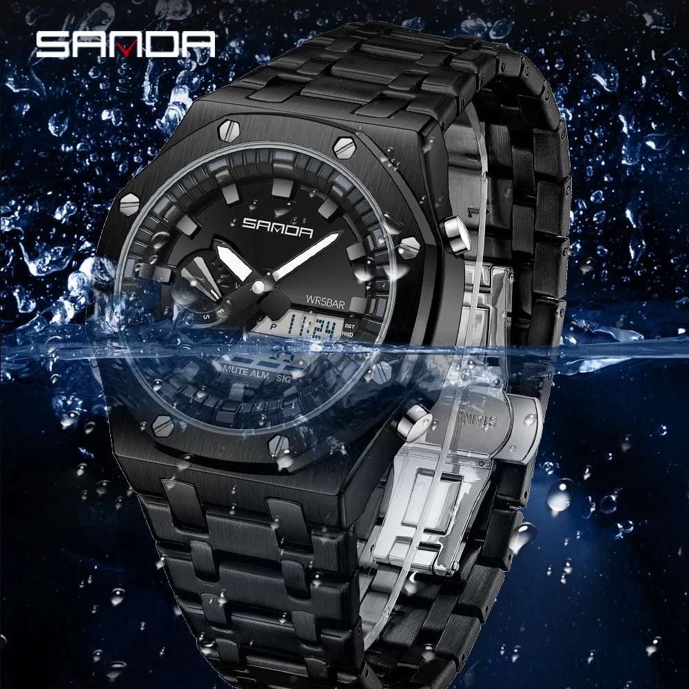 2024 Sanda Men\'s Watch Hot selling Steel Band Hand Light Trend Cool Men\'s Alarm Clock Multi functional Electronic Watch 3357