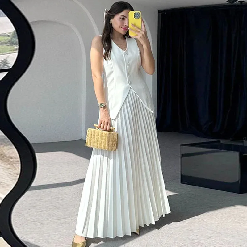 

Summer Women's Two Piece Outfit Sleeveless Vest Top Pleated Skirt Set Elegant Casual