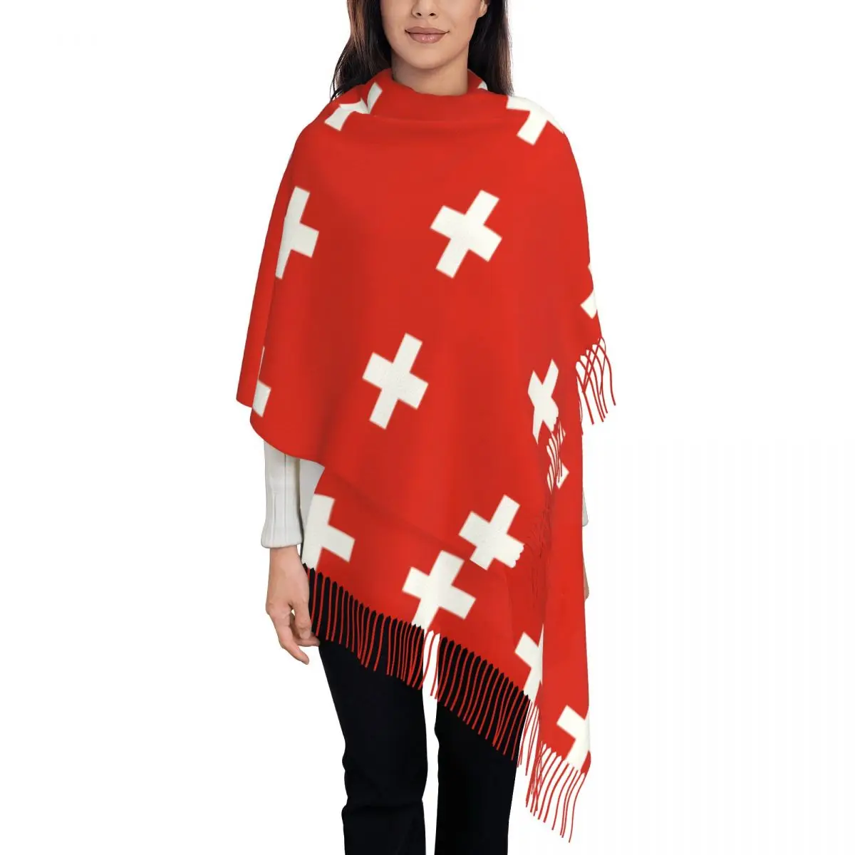 

Ladies Large Swiss Switzerland Flag Scarves Women Winter Soft Warm Tassel Shawl Wrap Scarf