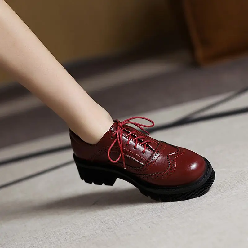 SIMLOVEYO 2025 Vintage Female Pumps Round Toe Thick Heels 4cm Lace Up Breathable Plus Size 41 42 43 Leisure Daily Women Shoes