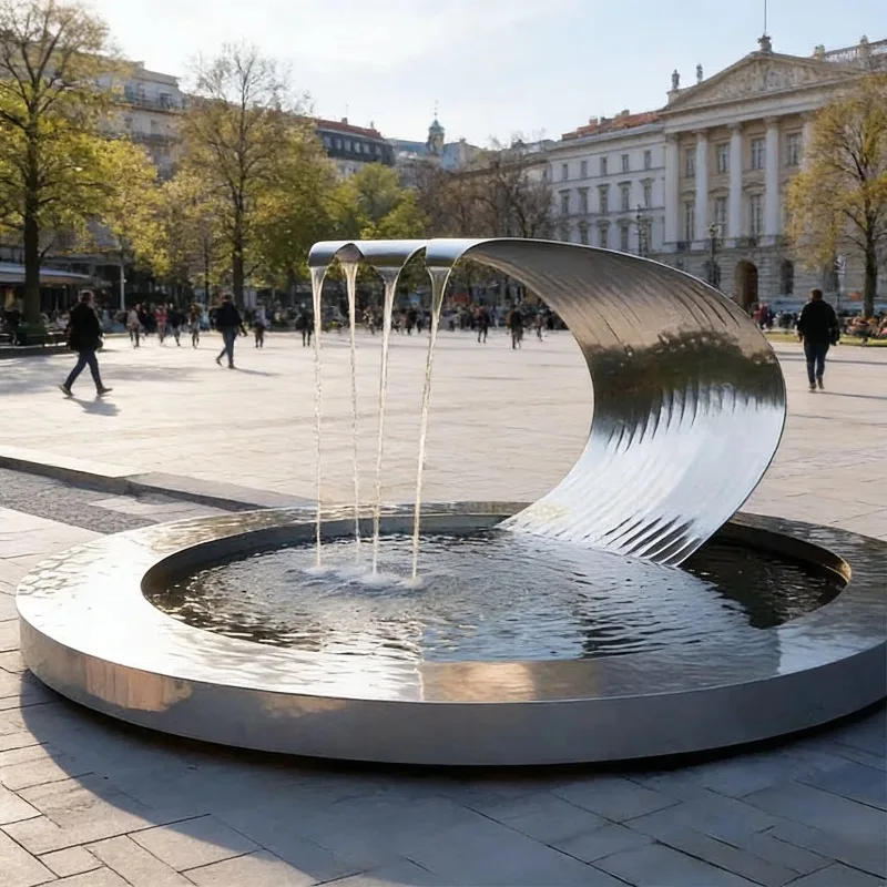 Mirror Polished Stainless Steel Curved Waterfall Sculpture Fountain Modern Courtyard Mall And Outdoor Event Landscapes Custom