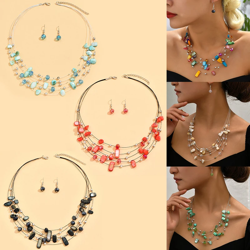 1Set Colorful Multilayer Temperament Necklace Jewelry Gifts Fashion Exquisite Bohemia Style Necklace Earrings For Women Girls