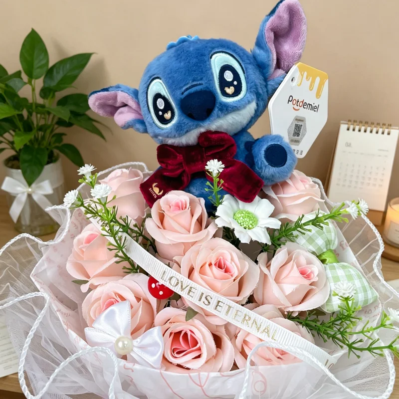 Genuine Stitch Micky Mouse Winnie Plush Dolls With Artificial Creative Flowers Bouquet Valentine Christmas Graduation Gifts