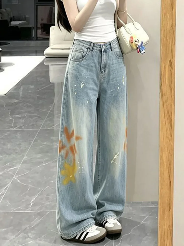 Retro American Spicy Girl Design Graffiti  Painted Loose Wide Leg Denim Jeans for Women Trendy High Waist Vintage Style
