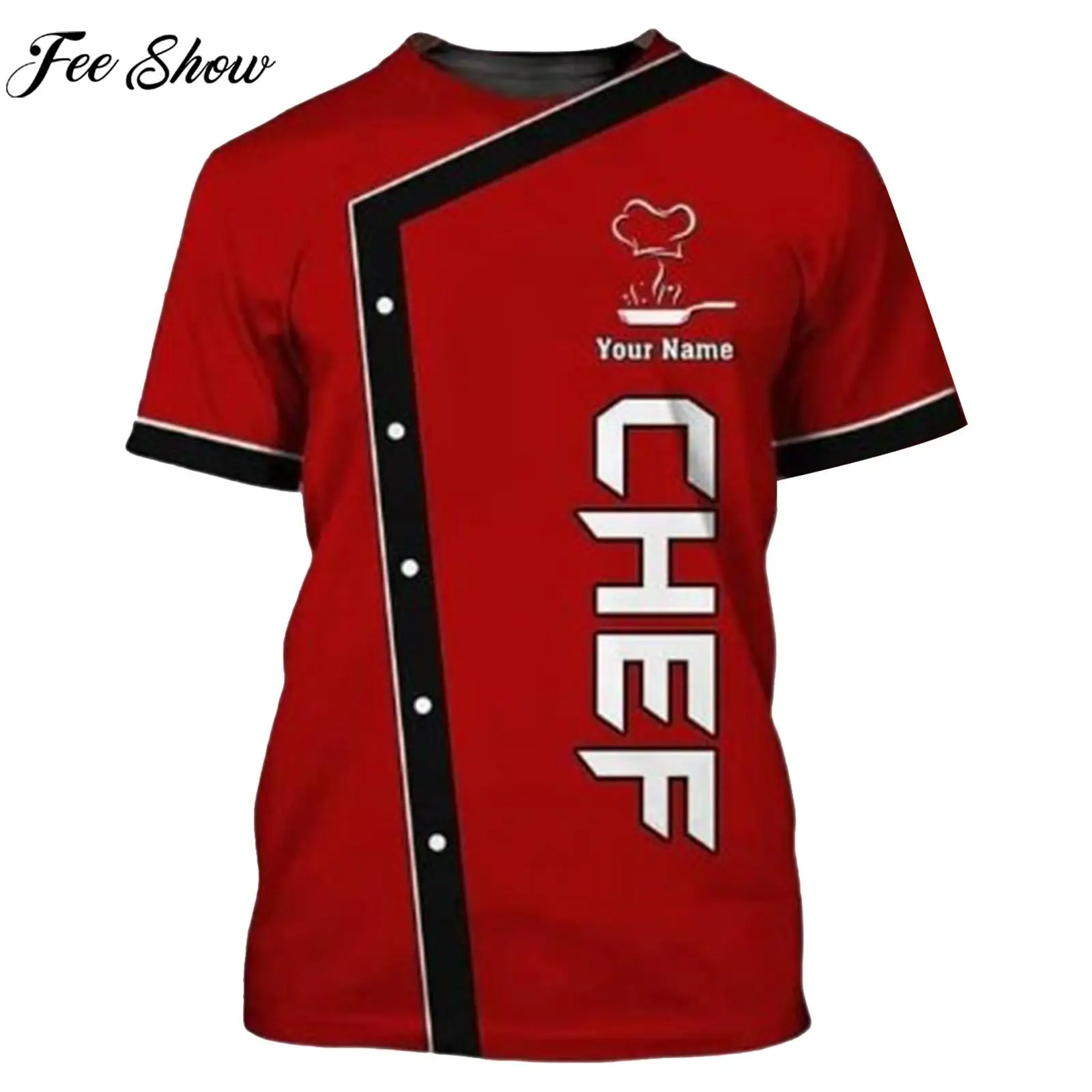 Mens Manga Curta 3D Imprimir T-shirt Chef Uniform Cozinheiro Food Service Tops para Hotel Restaurante Cozinha Cantina Cake Shop Padaria