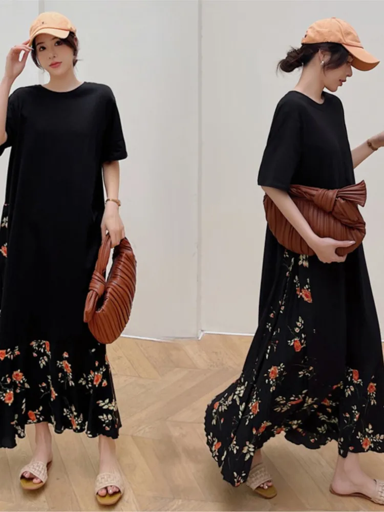 Summer New Long Dress Women's Spliced Pleated Fragmented Flower Hem Short Sleeve Round Neck Dress Large