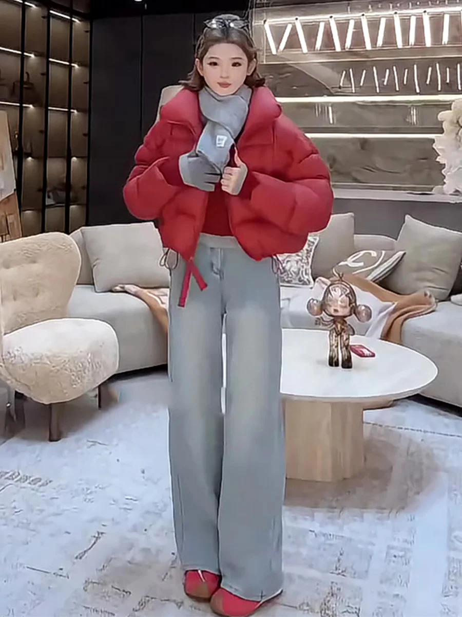 

Красная куртка-пуховик с воротником-стойкой, женская зимняя теплая куртка-пуховик, повседневное свободное пальто на молнии, дизайн