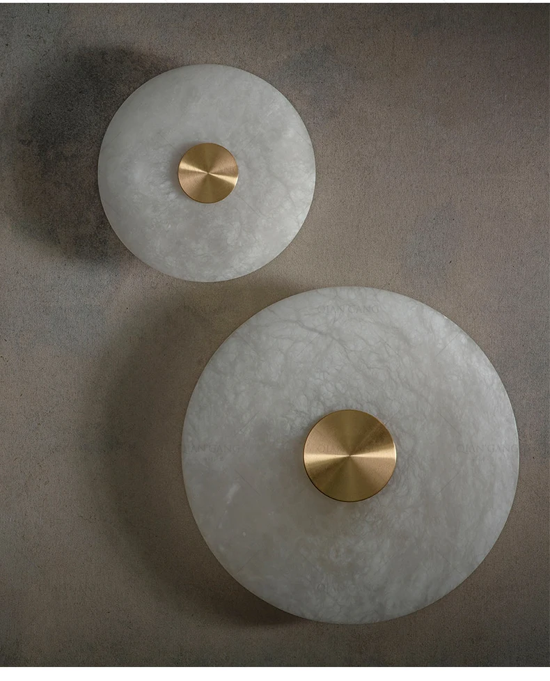Art Deco Round LED Wall Sconce Natural Marble Brass