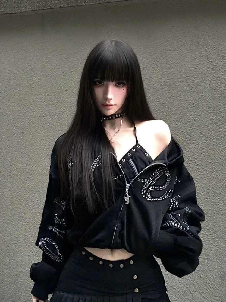 High Street Gothic Autumn Loose Hoodie Women Fashion Darkly Long Sleeve Zipper Black Coat Hot Girl New Y2k Short Vintage Clothes