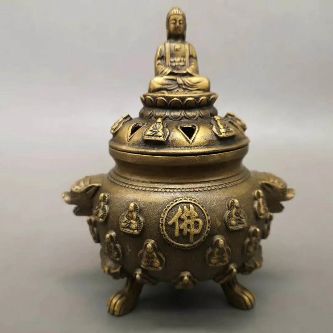 

Old Chinese bronze copper handcarved Buddha incense burner Xuande Mark