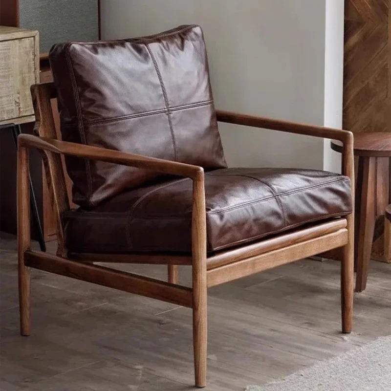 

Sofa chair small apartment living room bedroom solid wood leather single leisure light luxury high sense