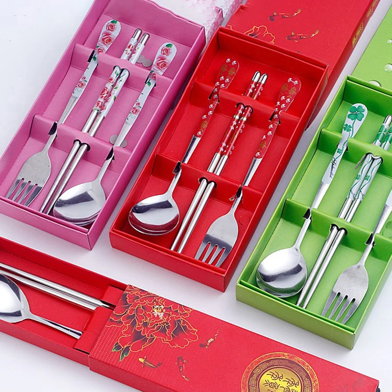 Set da 3 pezzi di stoviglie in porcellana blu e bianca bacchette in acciaio inossidabile cucchiaio forchetta confezione regalo Set di stoviglie da viaggio portatile
