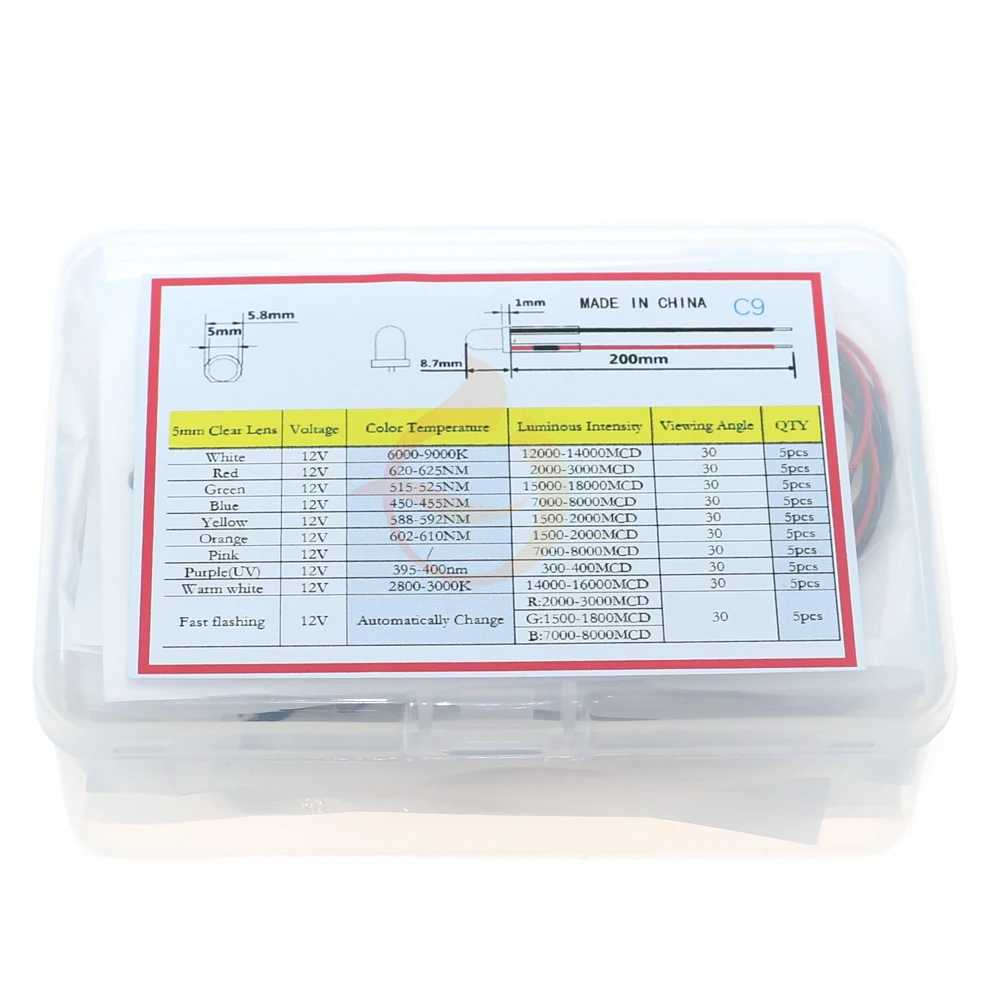 10color x 5pcs 5mm 3V 5V 12V With wire led Diode Assorted kit Various LEDs with wires