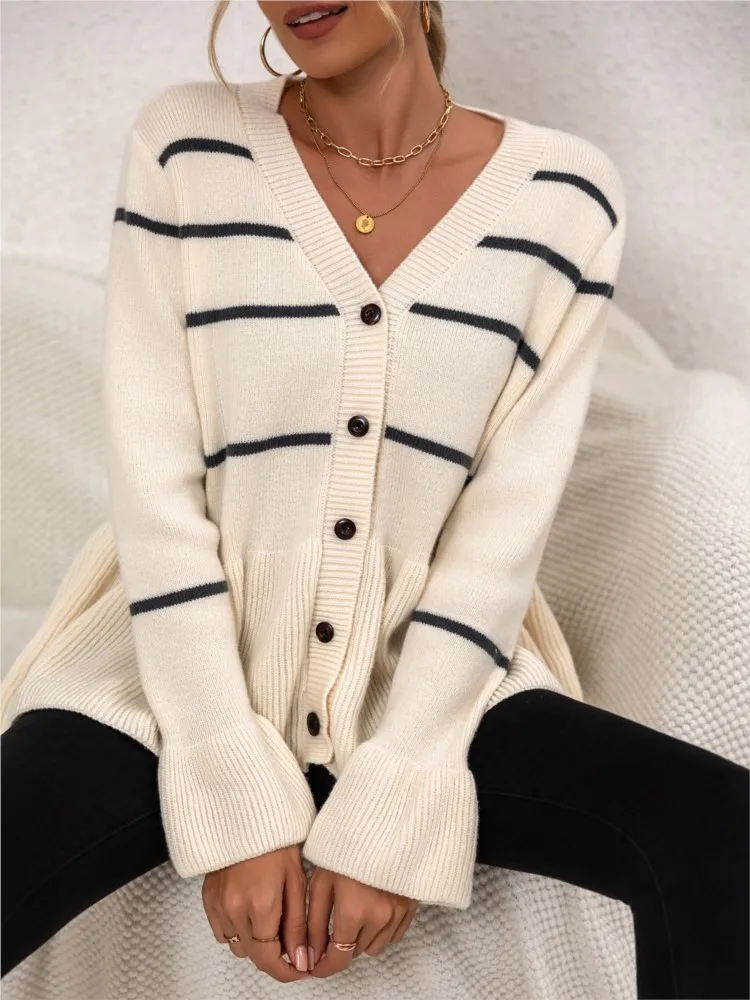 

Winter Clothes Woman Pulls Femmes V-neck Striped Loose Knitted Long-sleeved Sweater Cardigan All-match Simple Style Commuting