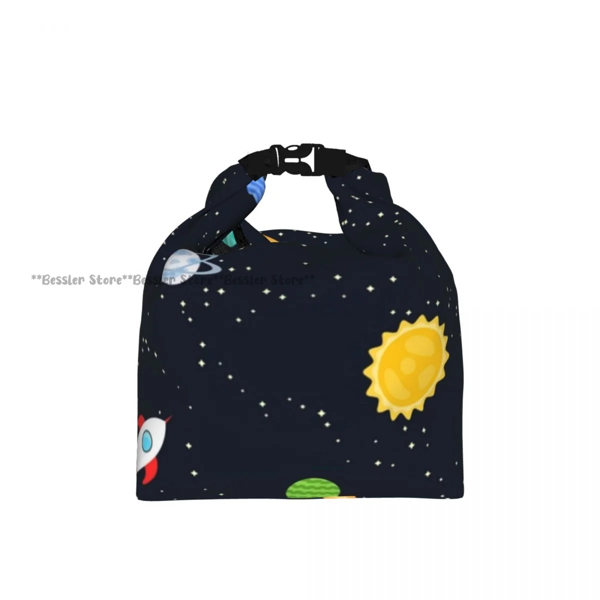 Foldable Roll-Top Thermal Lunch Bag Space Planets Spaceship Insulation Lunch Box Carrier for Picnic Hiking