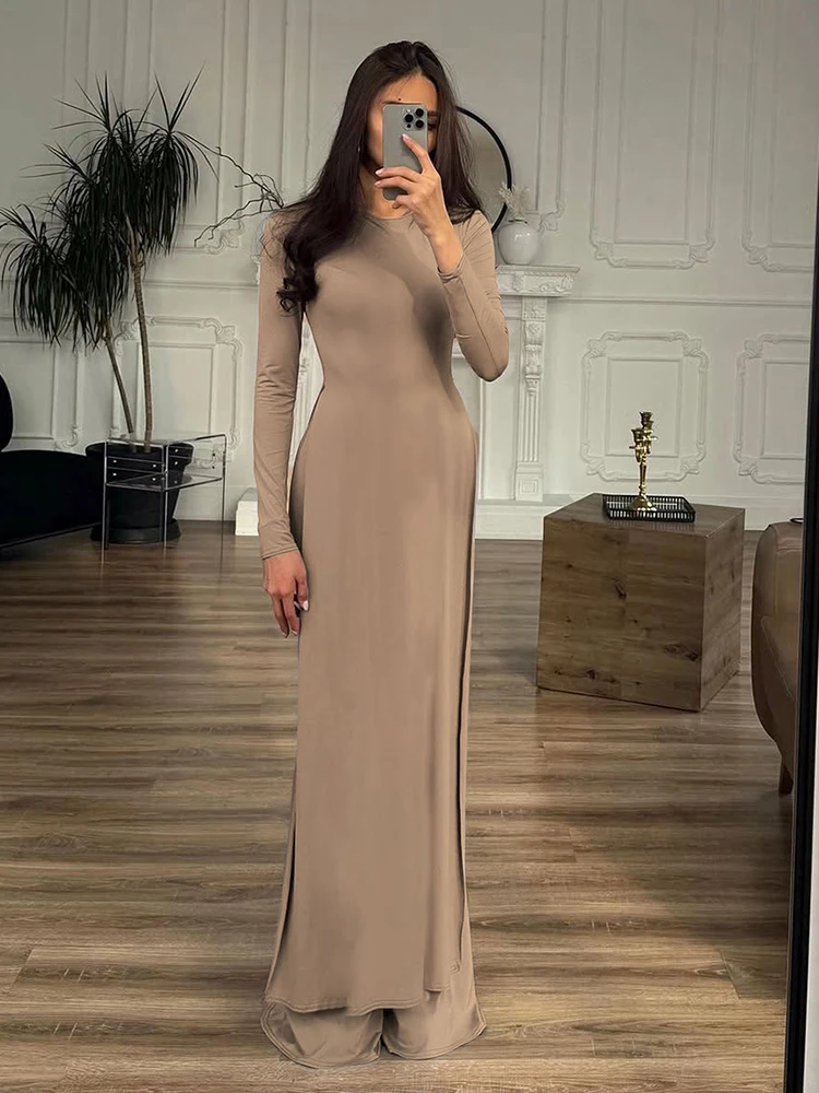 

kliou Unique Casual Women 2 Piece Set Solid Basic Full Sleeve O-neck Lengthen Tops+Elastic Waist Slim Pants Female Street Outfit