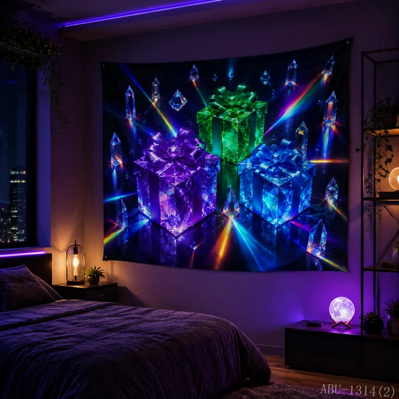 VIKAMA Cyber Space Cross Neon Gift Box Christmas Tree Mirror Christmas Tapestry Background Hanging Cloth Living Room Decoration