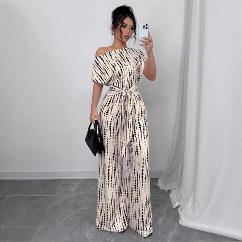 

New Striped Jumpsuits Summer Oblique Shoulder Bow Loose Wide Leg Pant Jumpsuits Elegant Fashion Lace-up Holiday Party Jumpsuit