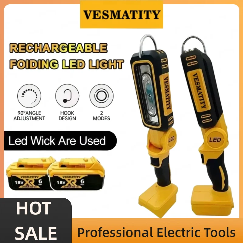 Multifunctional Portable Camping Light 90‑Degree Folding Emergency Work Flashlight Lighting Tool Battery For DEWALT Battery