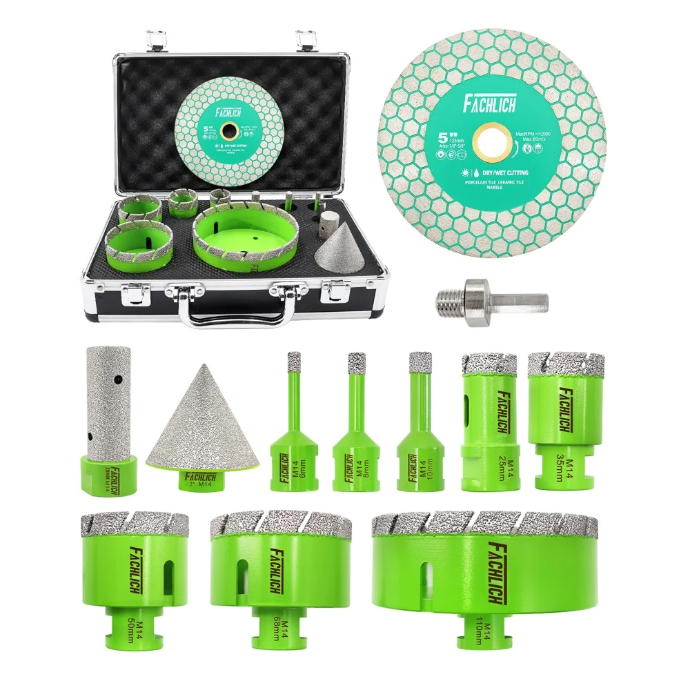 FACHLICH Kit 11 Pezzi Punte Diamantate per Foratura, Fresatura, Molatura e Smussatura, Scanalatura Elicoidale, Filettatura M14 con Disco da 125mm per Granito e Muratura
