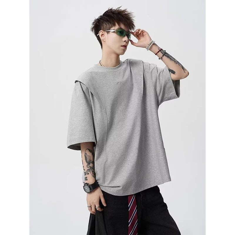Men Summer Deconstructed T-shirt Korean Fashion Streetwear Loose Oversized Short Sleeve Top Casual Simple Harajuku Style Male Te