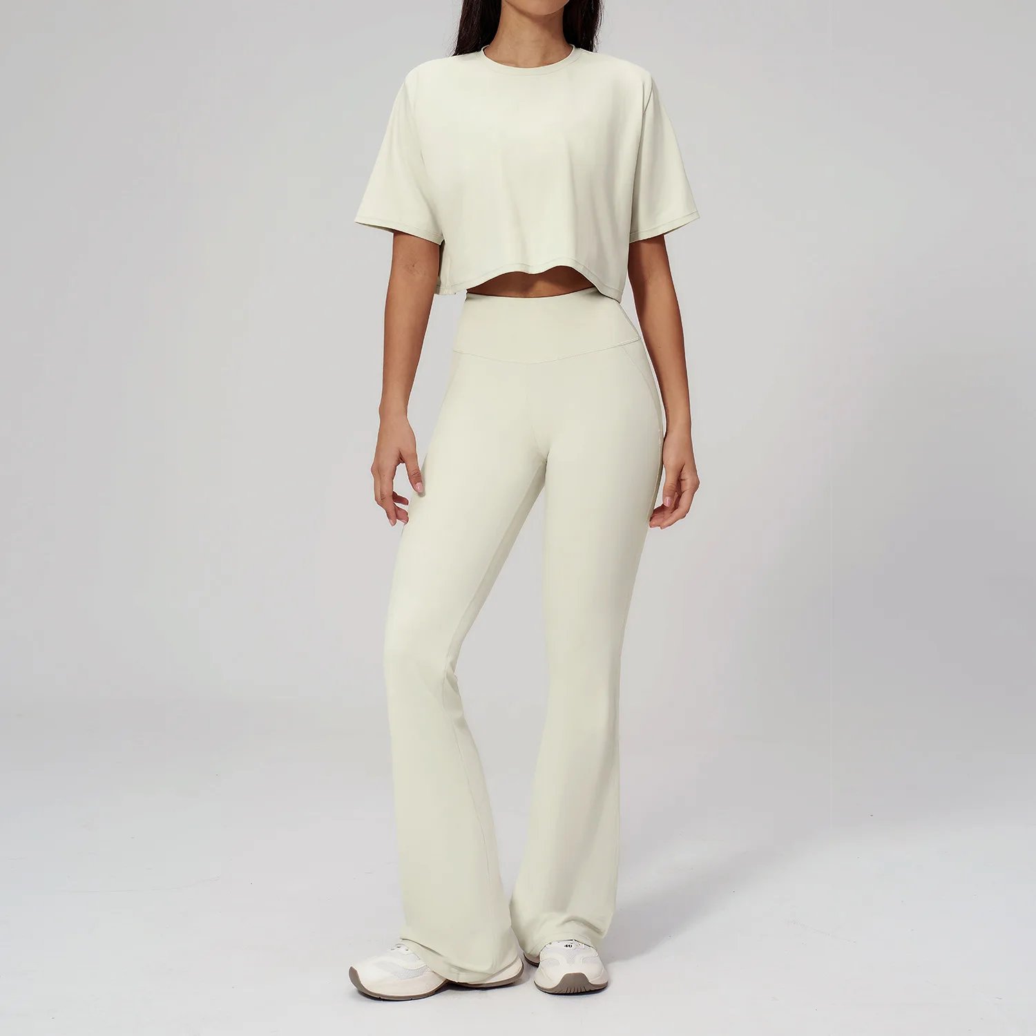 

Cloud Feeling Yoga Set Short Sleeve Sports Crop Top High Waist Flare Pants Tracksuits Solid Workout Fitness Outdoor Running Suit