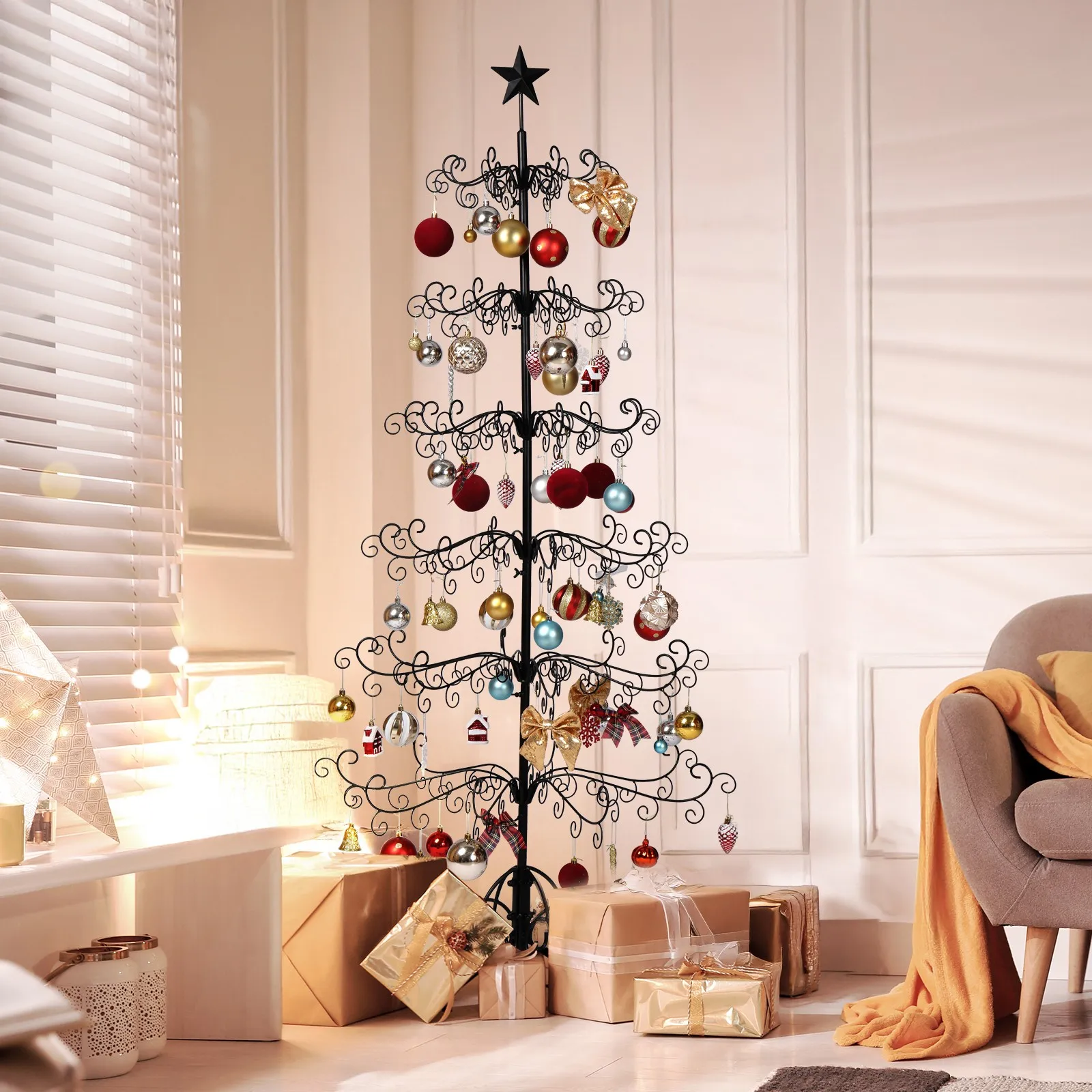 3/6 FT Metal Christmas Ornament Tree w/ Top Decor for Hanging Holiday Ornaments