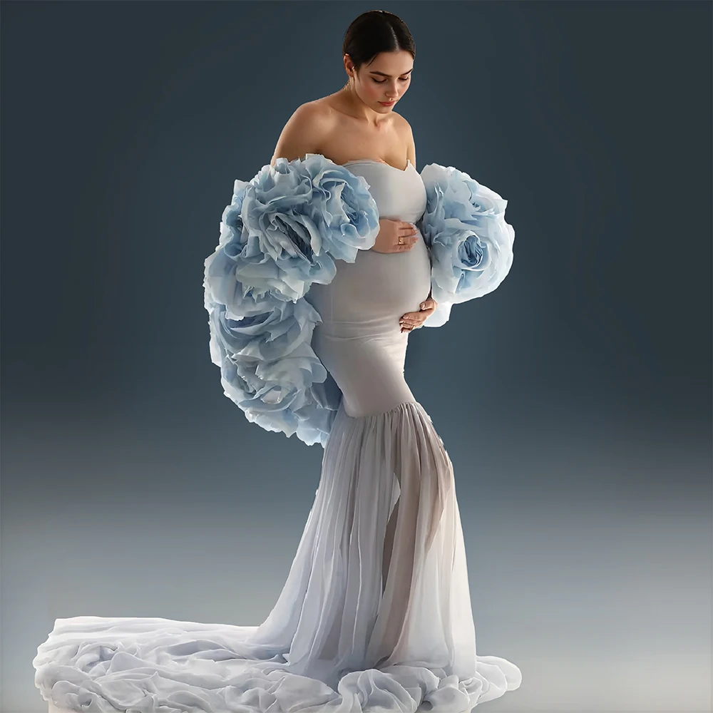 

2025 Custom Color Mermaid Maternity Photoshoot Dresses with 3D Flower Organza Dress for Pregnant Women for Photo Shoot YEWEN