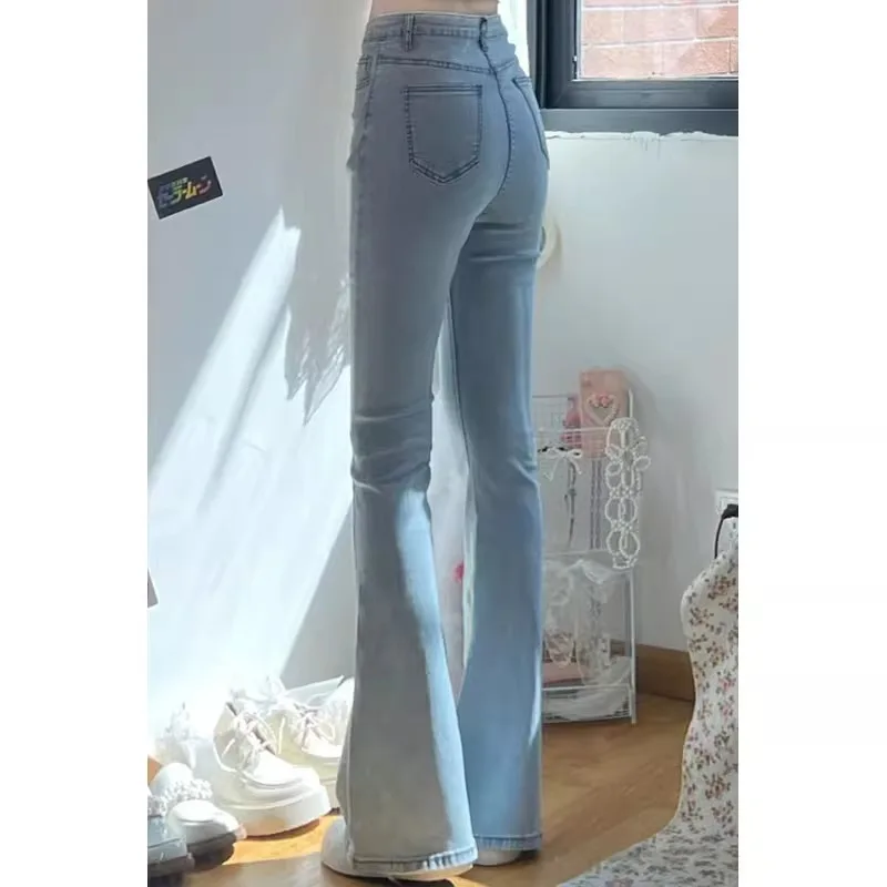 Light Wash High Waist Slim Fit Micro Flared Jeans Women's New 2025 Early Spring Cotton Stretch Denim Trousers Trendy