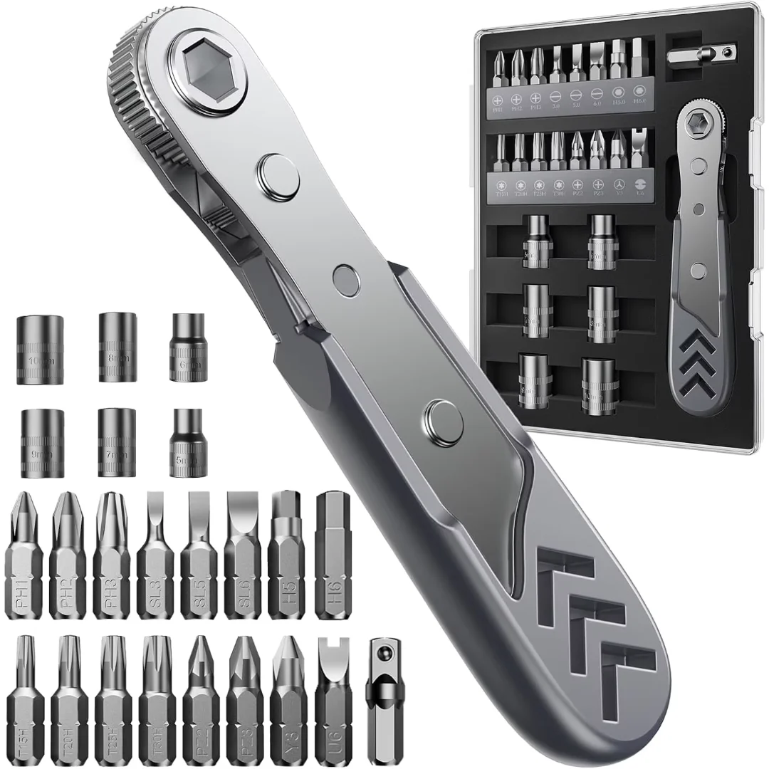 23-in-1 Right Angle Ratcheting Screwdriver Set, 36-Tooth Mini Ratchet Wrench, Magnetic Offset Screwdriver Repair Tool