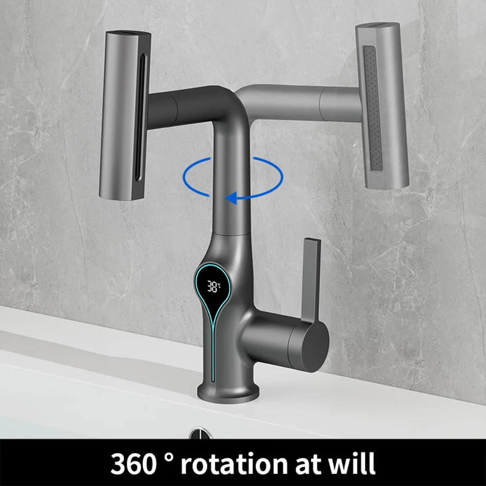 Temperature Digital Display Basin Faucet 4 Function Stream Sprayer Waterfall Hot Cold Water Sink Mixer Wash Tap for Bathroom