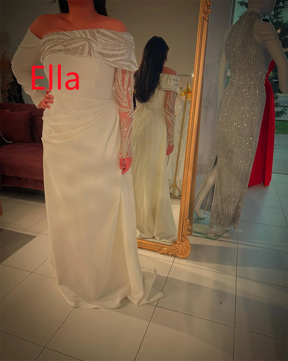 

Customized Charming Jersey Evening Dresses Delicate Off the Shoulder Long Sleeves Prom Dress Sweep Train Vestido De Festa