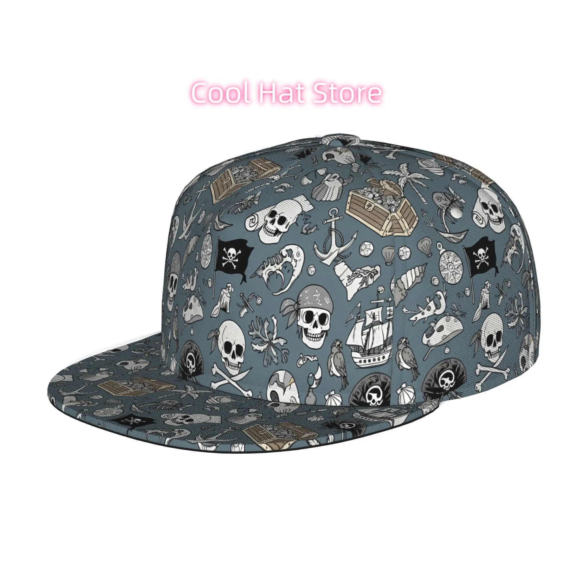 Men & Women' Adjustable Snapback Trucker Hat - Soft Flat Brim Baseball Cap with Positionable Pirate navigation skull pattern