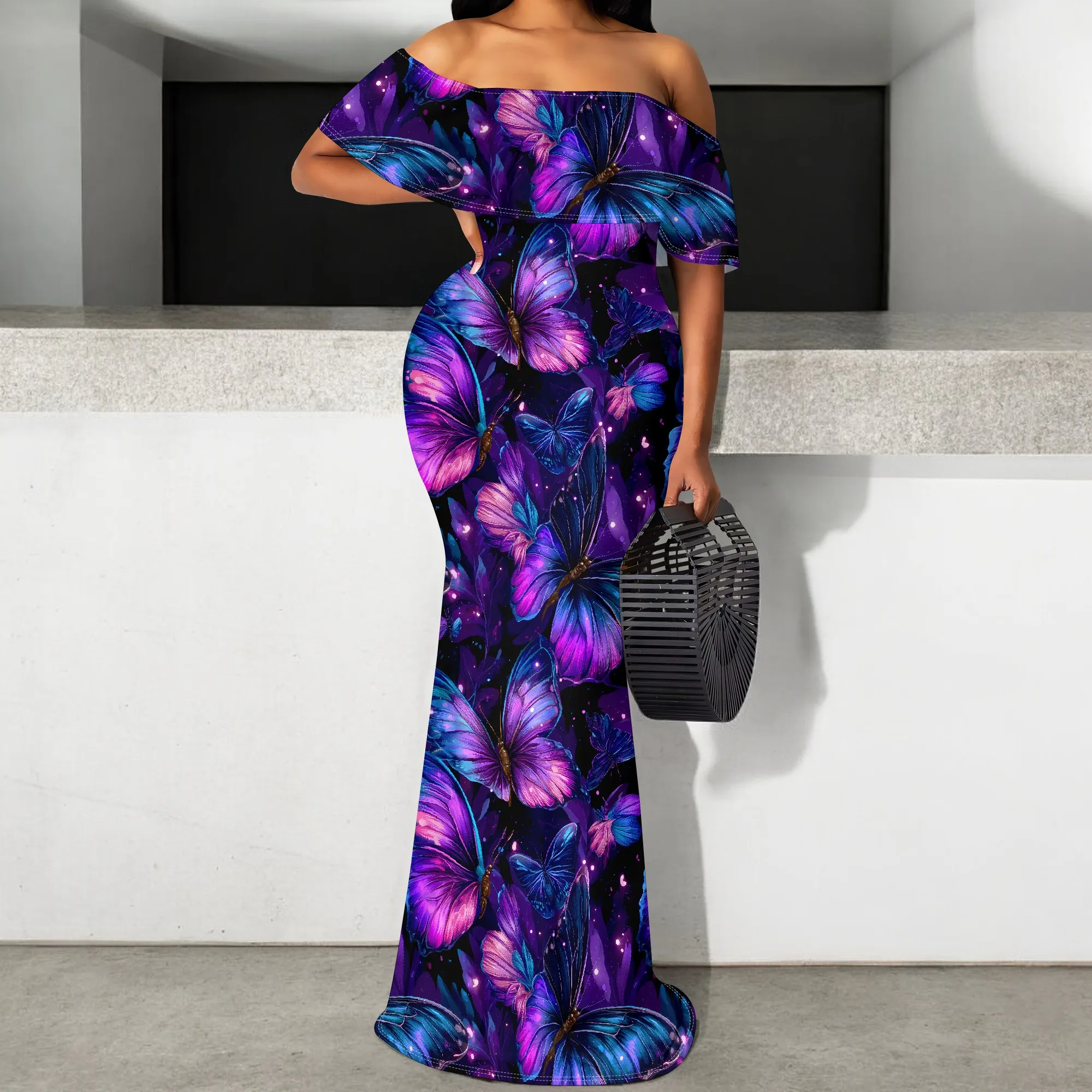 

Butterfly Print Maxi Dress Off Shoulder Elegant Bodycon Long Dress for Women Summer Party Wear S-3XL