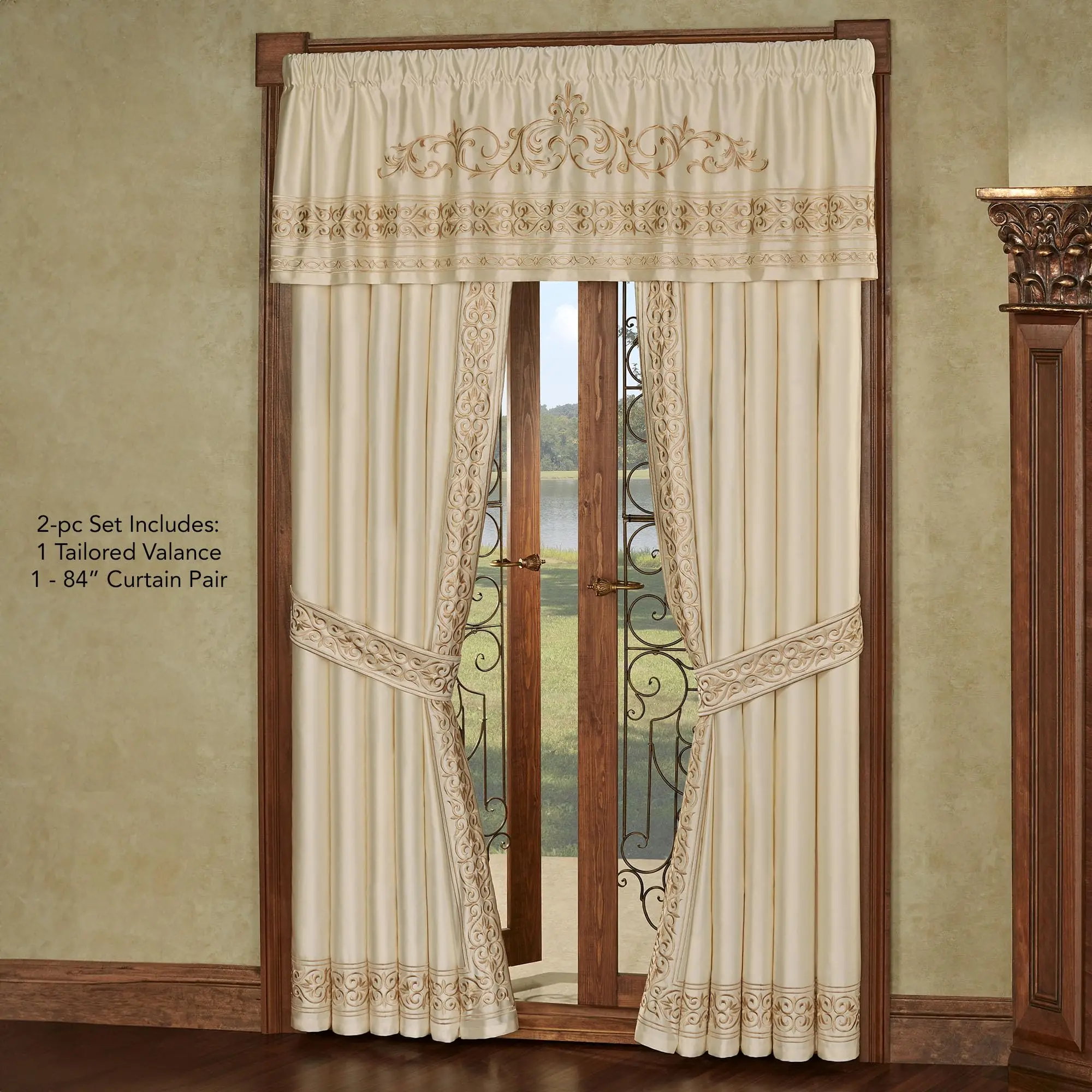 Versailles Window Tailored Valance & 84L Curtains, Pearl