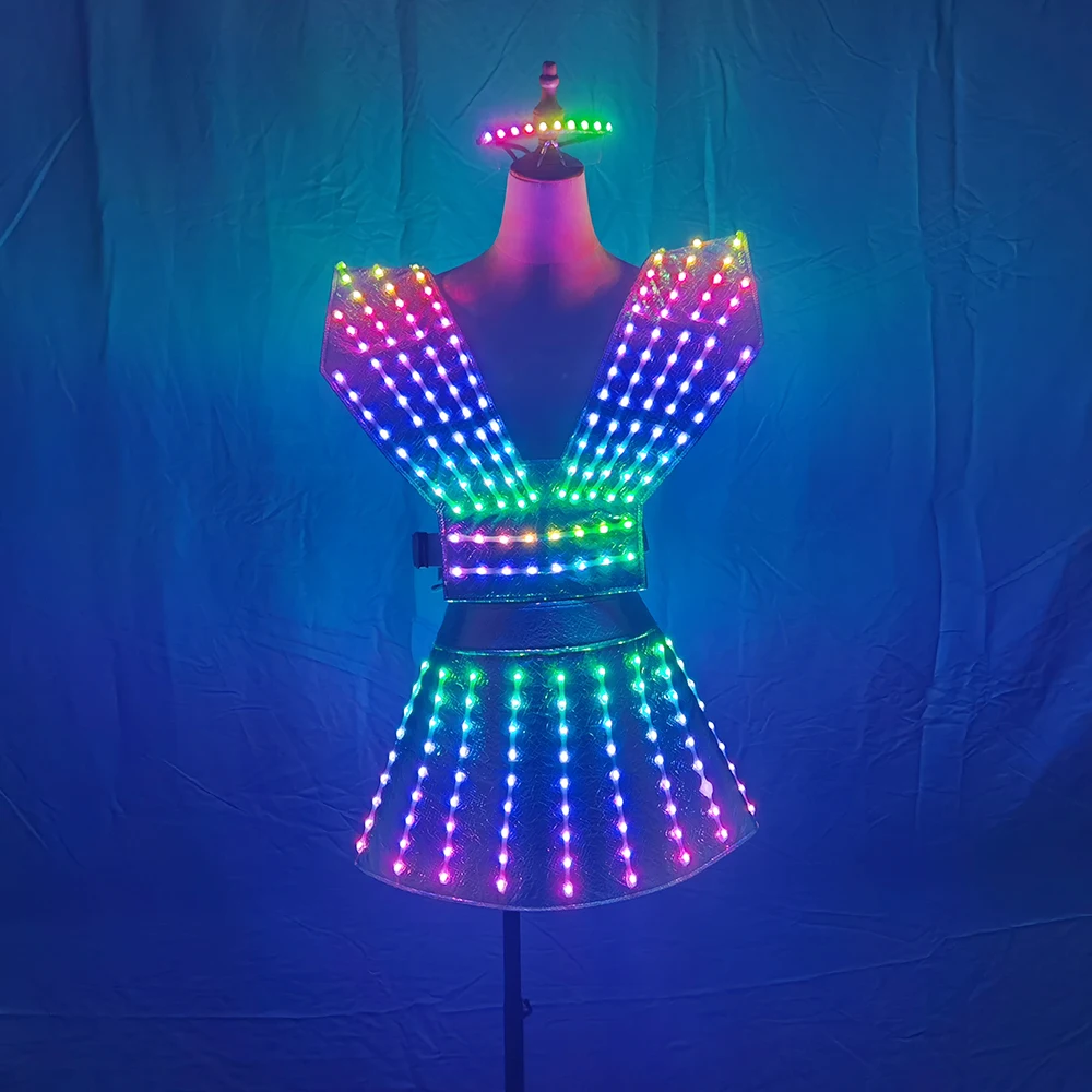 LED Luminous Robot CostumeFuture Technology Women's LED Dress With Sexy Silver Skirt Peorce DJ Singer Stage Costume Cosplay C