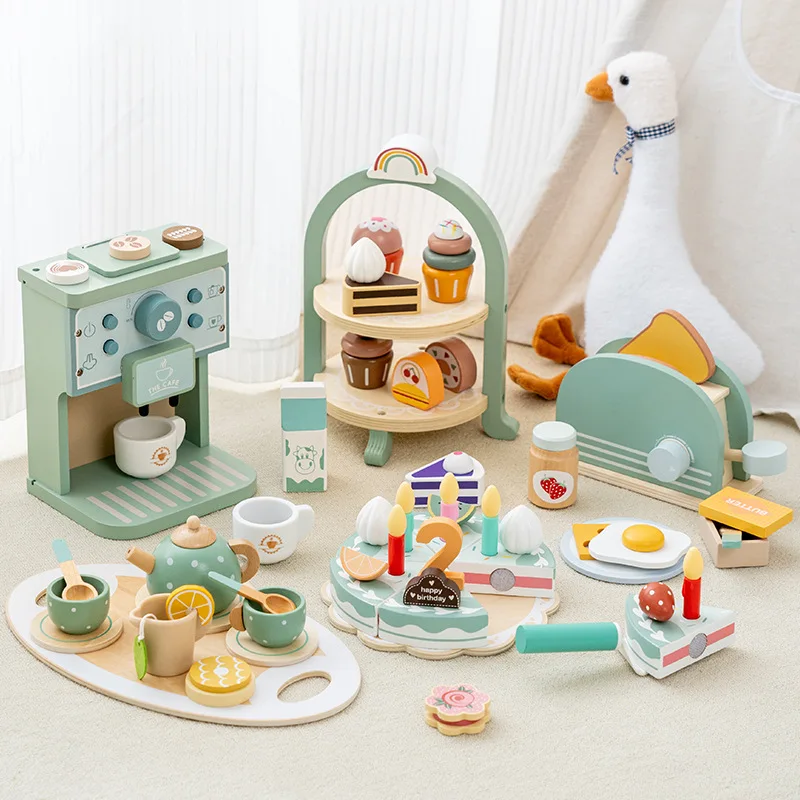 Wooden Pretend Play Kitchen Toys Coffee Machine Tea Set Toy Cake Ice Cream Play Set Learning Toys for Girls Boys Children Gifts