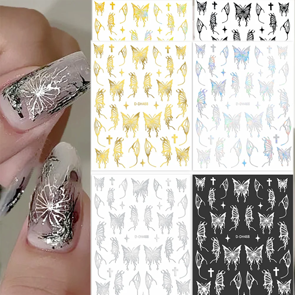 6/9/10/12/16Pcs Metallic Silver Butterfly Nail Stickers 3D Dark Style Charms Sliders Stars Moon Laser Decals For DIY Manicure*N3