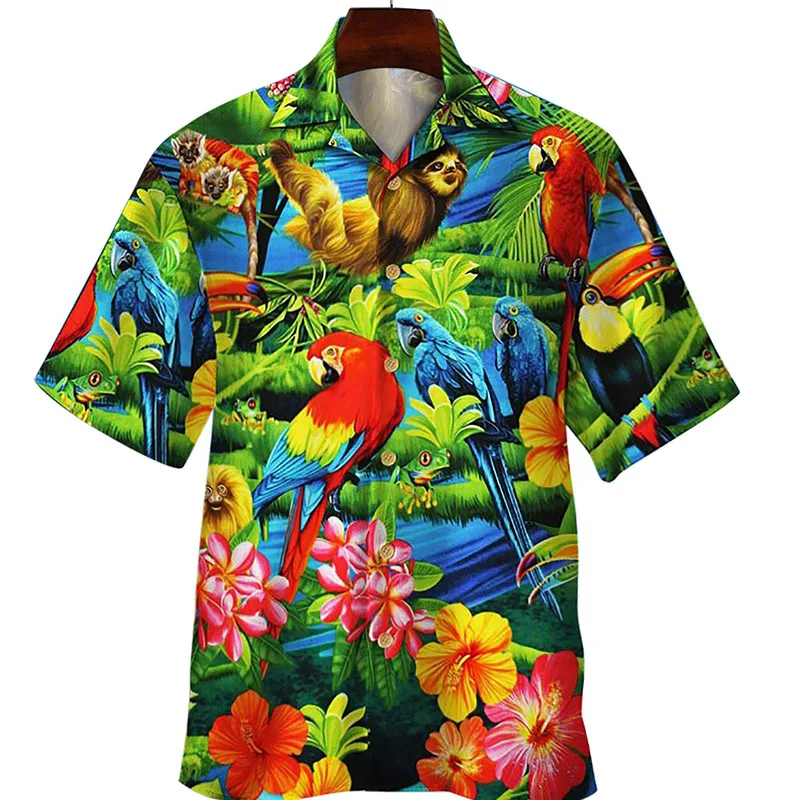 

2024 Summer Flower Parrot 3D Printed Shirt Men's and Women's Fashion Casual Shirt Single breasted Short sleeved Hawaiian Shirt