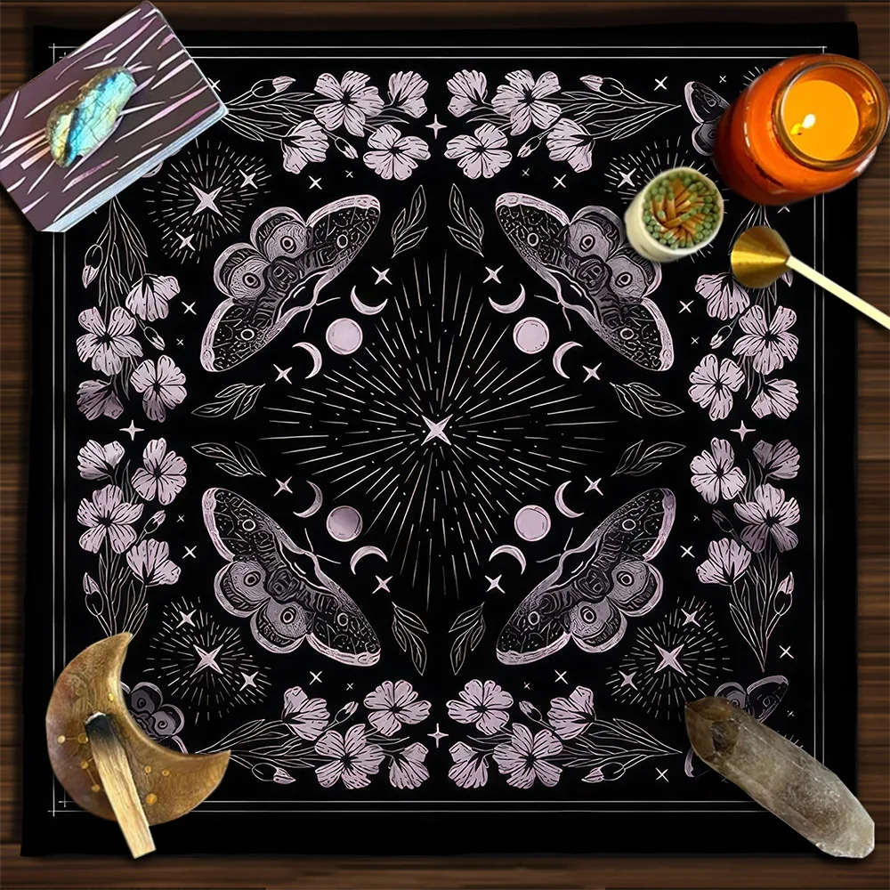 

Death Moth & Pastel Floral Divination Mat Occult Tarot Reading Cloth Mystical Star Moon Pattern Witchcraft Altar Cover for Home