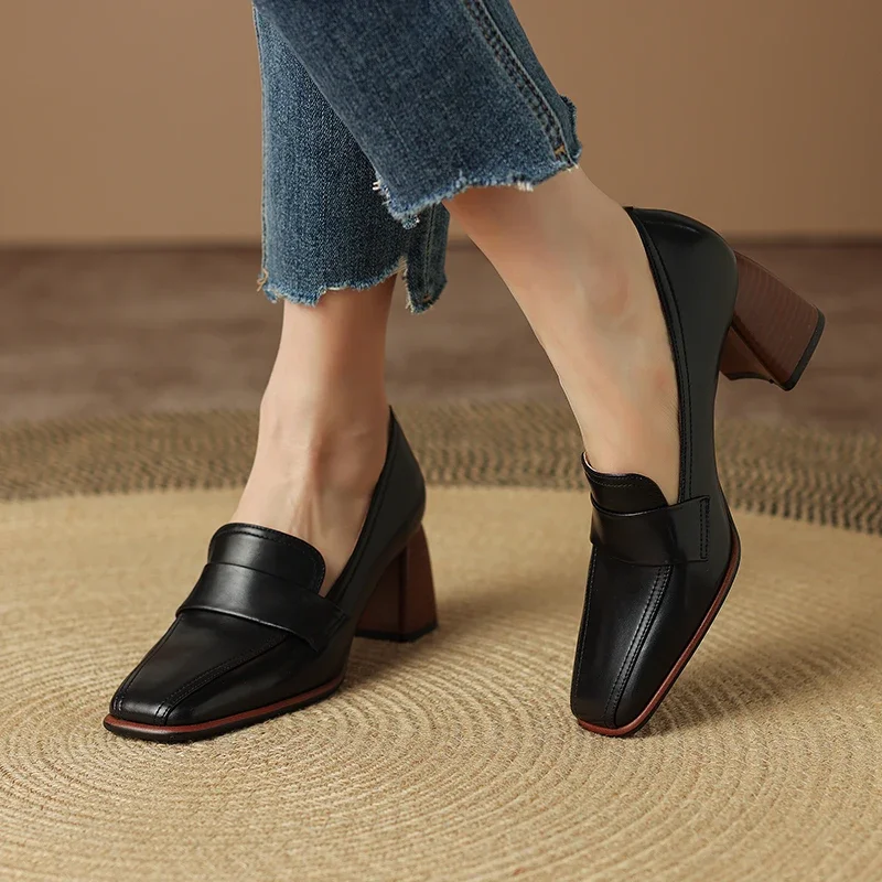 2023 Spring New GENUINE LEATHER Women Shoes LEISURE Women Slip-On Shallow Pumps Square Toe Heels Shoes Women Zapatos De Mujer