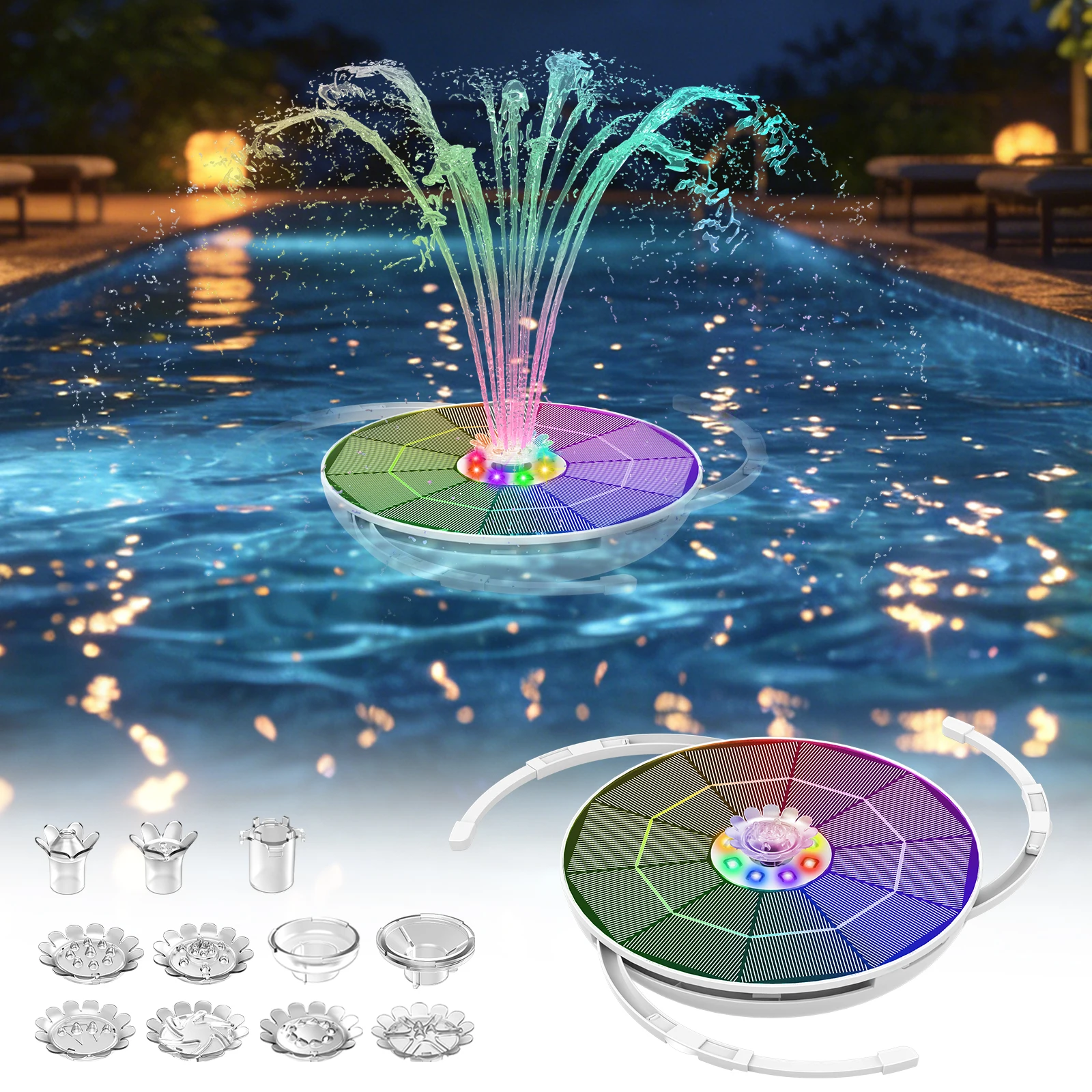 6.5W Solar Fountain Built in Large Capacity Battery, Solar Water Fountain Pump with 8 LED Colorful Lights&8 Nozzles for Bird Bath Garden Pond