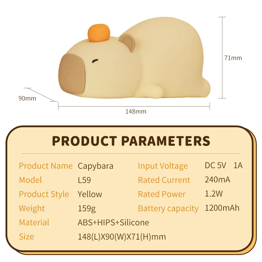 ไฟกลางคืน LED capybara ซิลิโคนลายการ์ตูนน่ารักชาร์จไฟได้ด้วย USB หรี่แสงได้ lampu tidur สำหรับห้องนอนของขวัญตกแต่งตั้งโต๊ะ