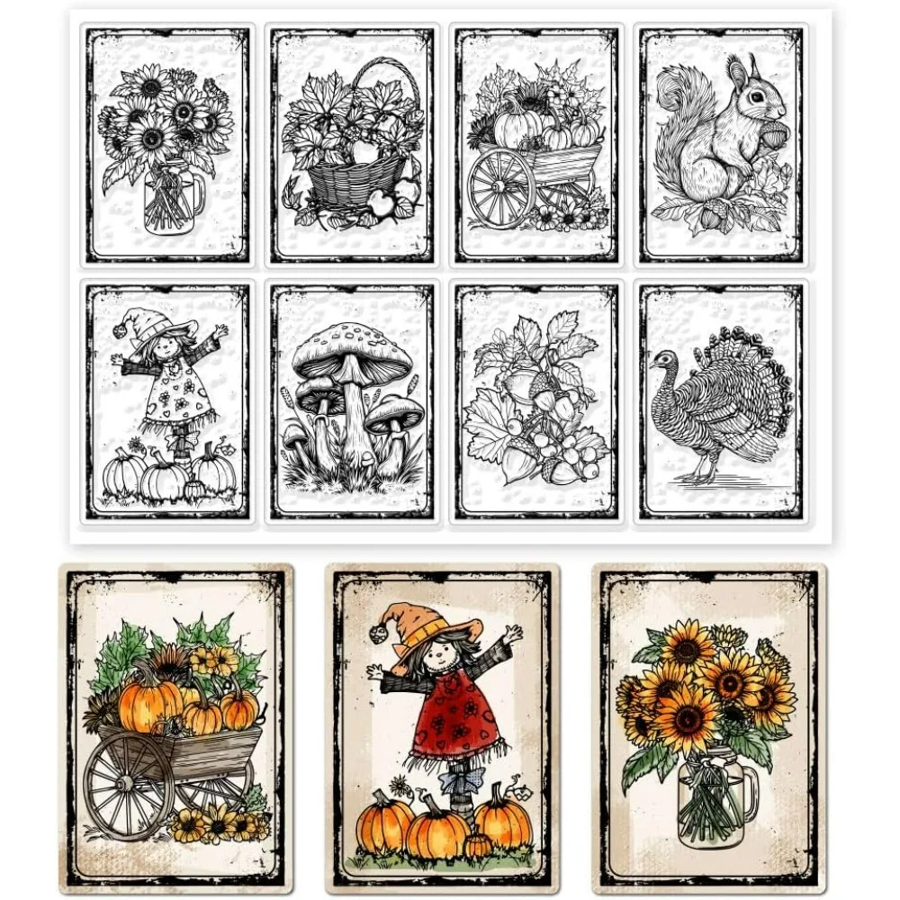 Autumn Cards Clear Stamps 8.3x5.8 inch Pumpkins Sunflowers Mushrooms Silicone Clear Stamp Seals Maple Leaves Squirrel