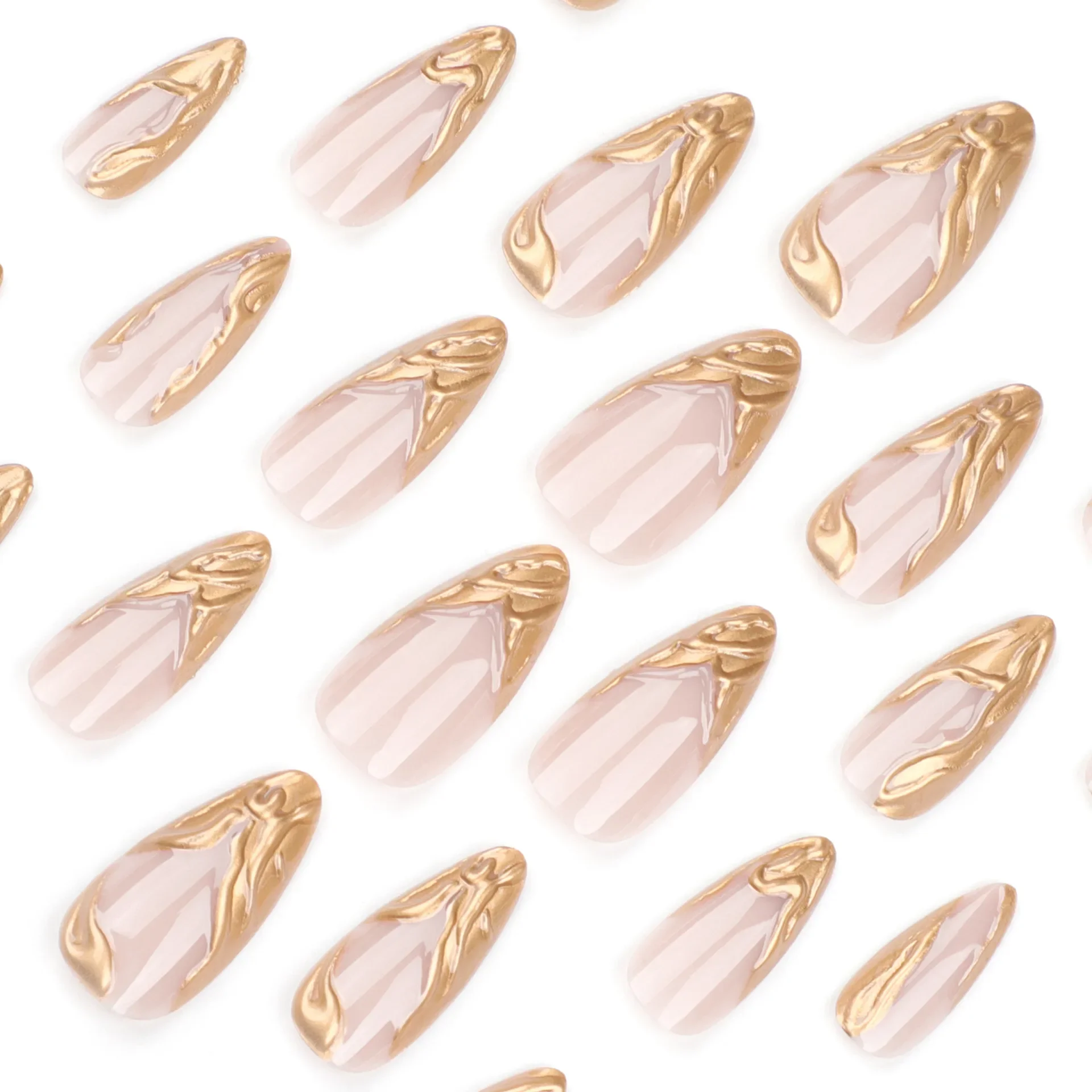 White Ballet French Wea Gold Lava Water Ripple Nail Art Almond Shape False Nails Detachable Finished Fake Nails Press on Nails