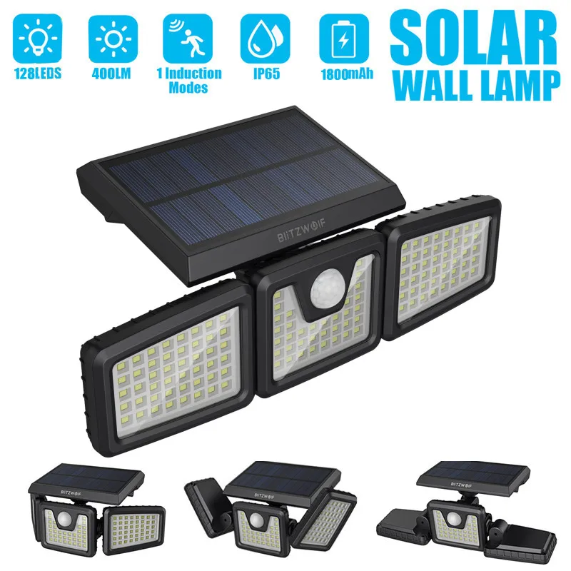 blitzwolf luz solar de parede 128 leds 6500k rotativo cabecas ajustavel impermeavel 120 pir sensor solar flood light solar lamp 01