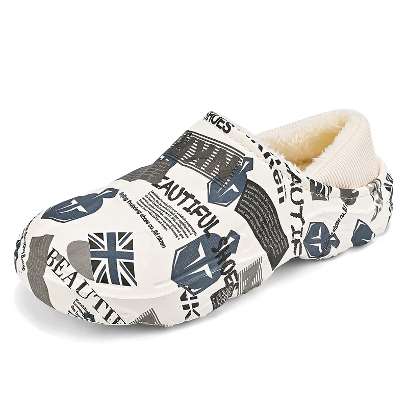 겨울 슬리퍼 따뜻한 털 슬리퍼 위장 방수 털실내화 면화 신발 뒤꿈치가 감싸진 푹신한 슬라이드 플러시 클로그