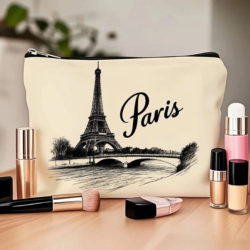 Un sac de maquillage imprimé sur le thème de Paris - pochette multifonctionnelle à fermeture éclair, sac de rangement de bijoux, petit sac de rangement à fermeture éclair de voyage parfait.